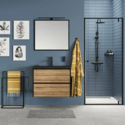 Tiger Reverse Meubelset Met 2 Lades 60 Cm Chalet Eik / Mat Zwart Inclusief Quadro Wastafel Mat Zwart -Badkamer Verkoop 123 1344