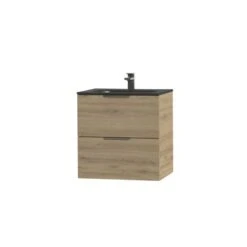 Tiger Studio Badkamermeubel 60 Cm Chalet Eiken Met Wastafel Polybeton Mat Zwart Greep Rvs Plat -Badkamer Verkoop 123 1367