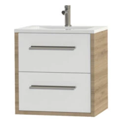 Tiger Badkamermeubel Boston 60 Cm Chalet Eik Met Polybeton Wastafel Wit En Ronde Grepen RVS -Badkamer Verkoop 123 151