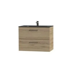 Tiger Studio Badkamermeubel 80 Cm Chalet Eiken Met Wastafel Polybeton Mat Zwart Greep Rvs Afgerond -Badkamer Verkoop 123 155